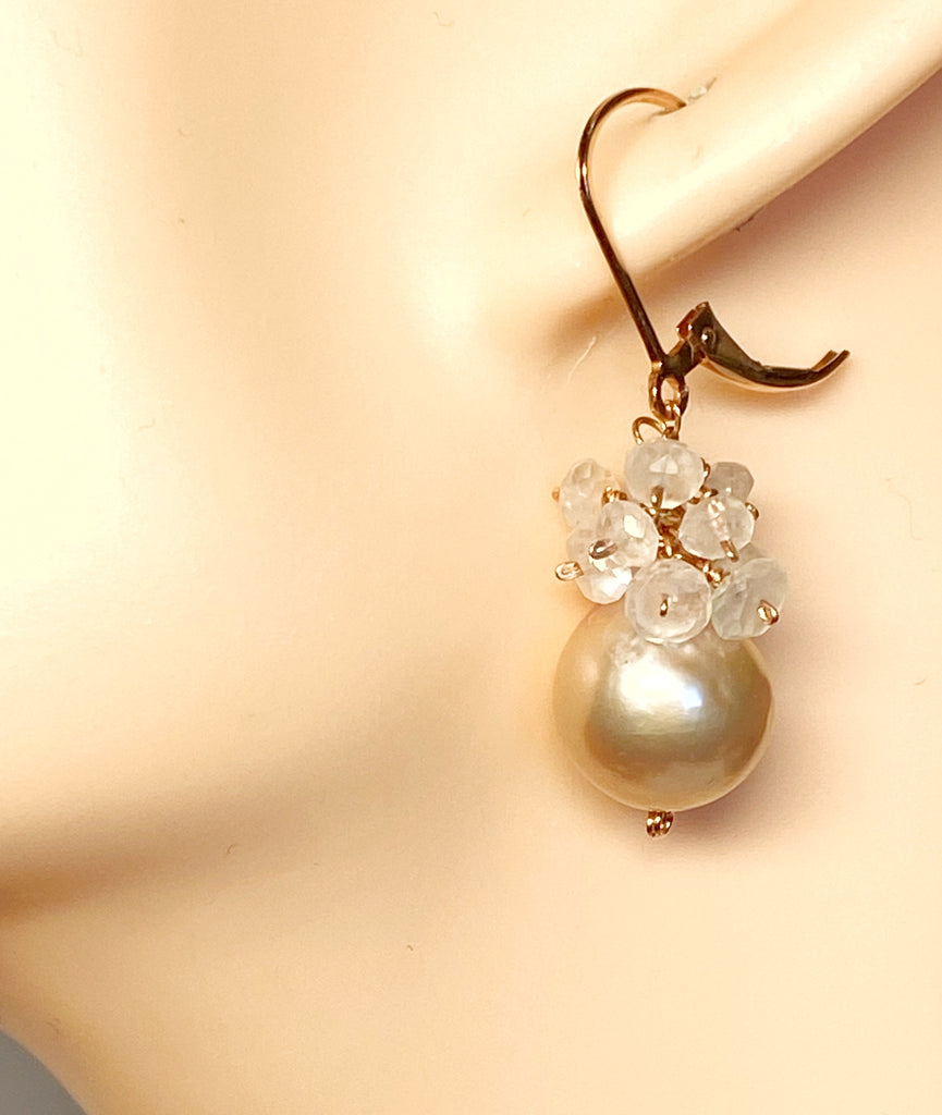 Pink Blush Pearl and Moonstone Cluster Earrings Rose Gold