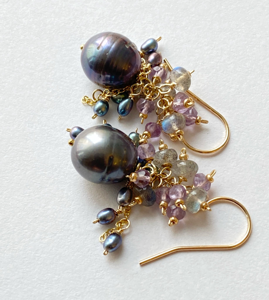 Peacock Pearl, Amethyst, Labradorite, Cluster Waterfall Earrings