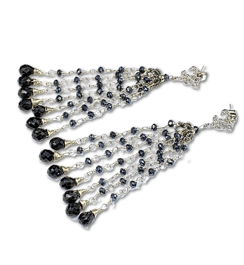 Gemstone Tassel Earrings Mystic Black Spinel Sterling Silver - doolittlejewelry