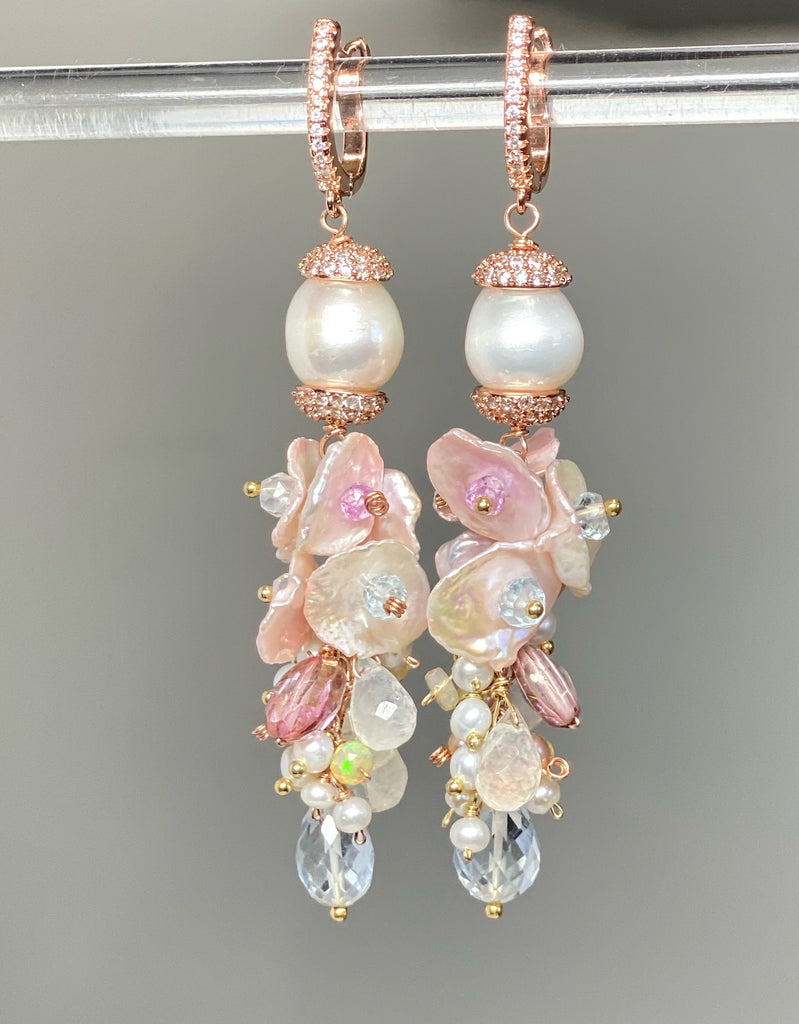 Blush Keishi Pearl Pink Topaz Ivory Pearl Rose Gold Long Dangle Bridal Earrings