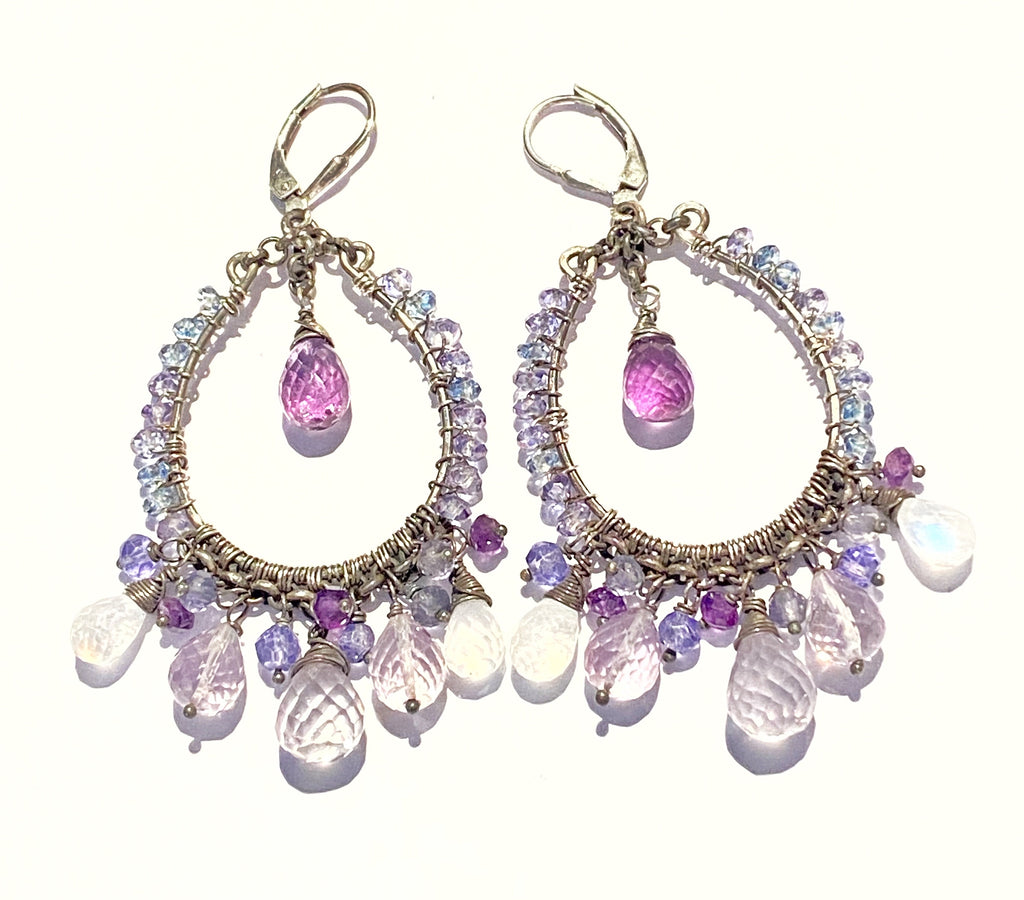 Amethyst Moonstone Oxidized Sterling Silver Hoop Earrings - doolittlejewelry