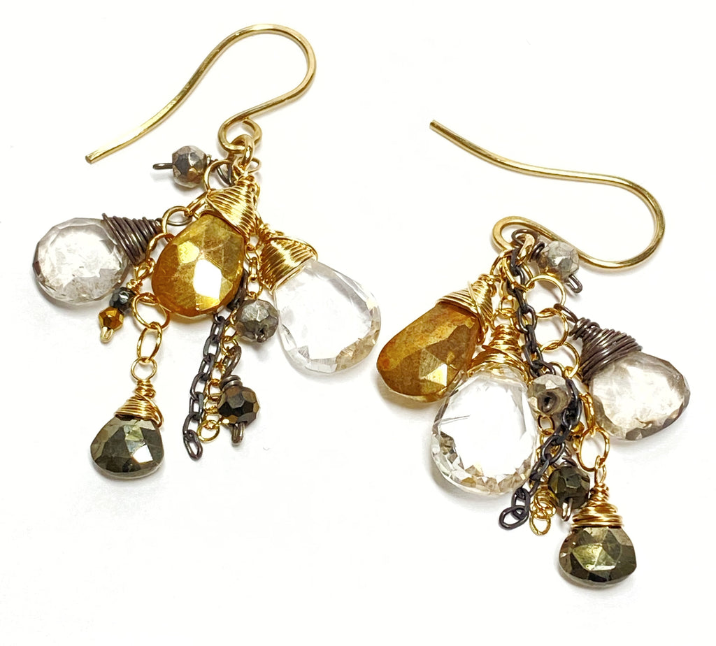 Crystal Quartz and Gold Mixed Metal Dangle Earrings