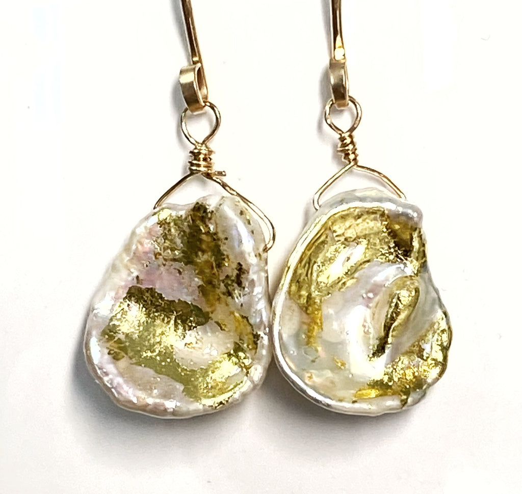 Keishi Pearl 24 kt Gold Leaf Dangle Earrings