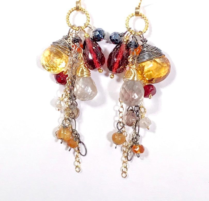 Multi Gemstone Dangle Earrings Garnet Citrine Mixed Metal - doolittlejewelry