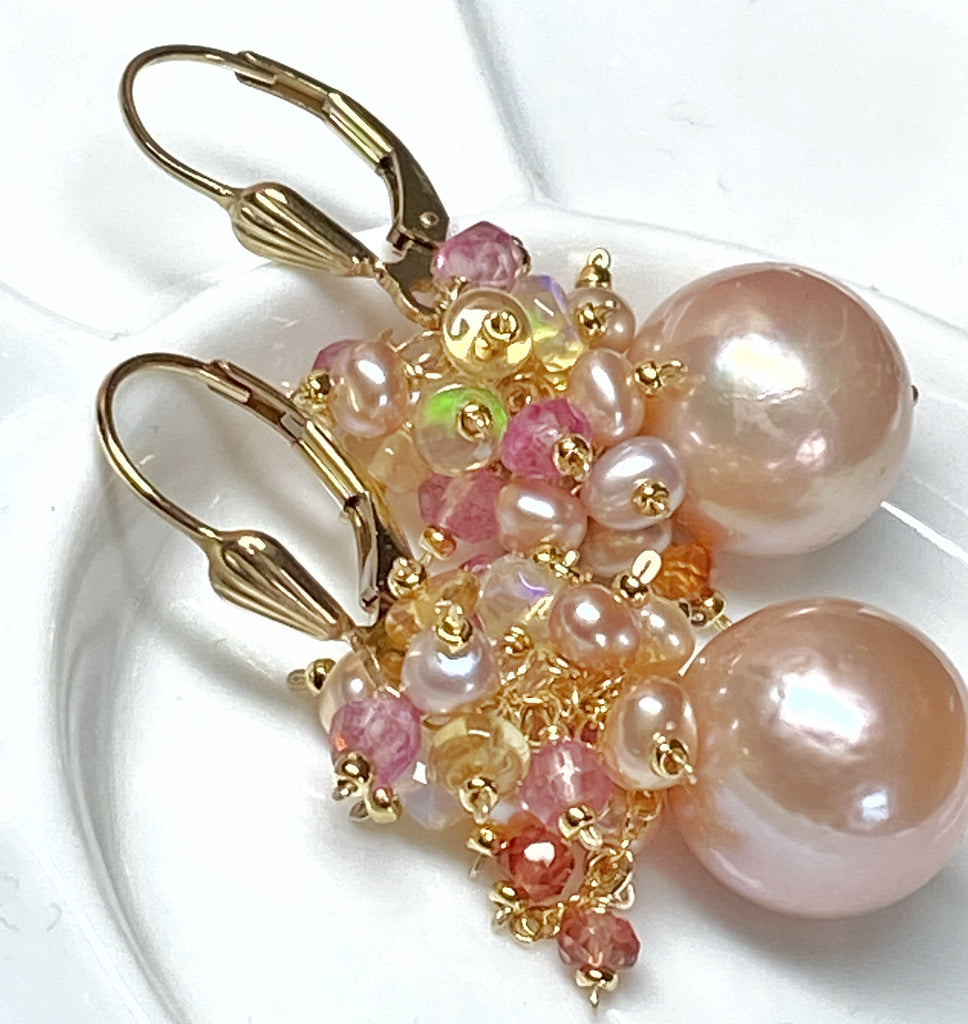 Pink Round Pearl and Gem Cluster Wedding Earrings