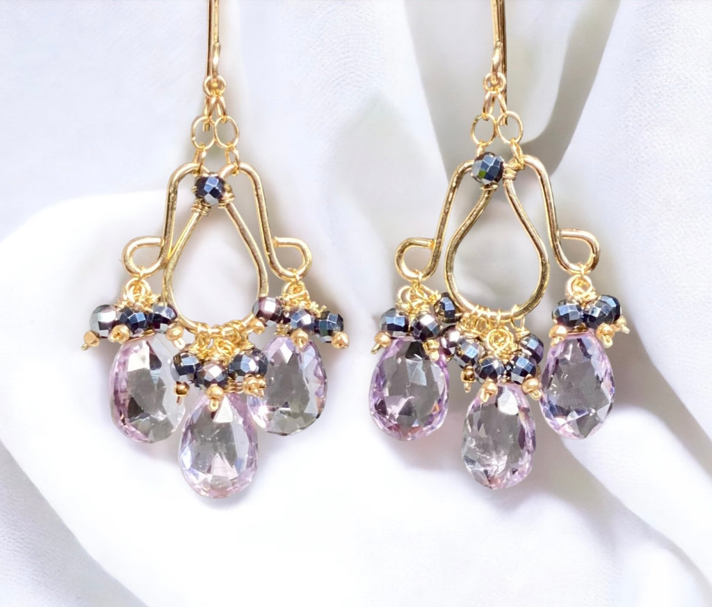 Pink Amethyst Chandelier Earrings Gold Fill with Black Clusters