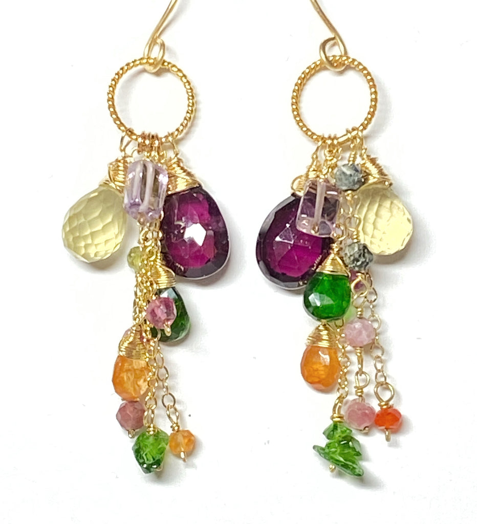 multicolor gemstone gold dangle earrings rhodolite garnet, lemon quartz