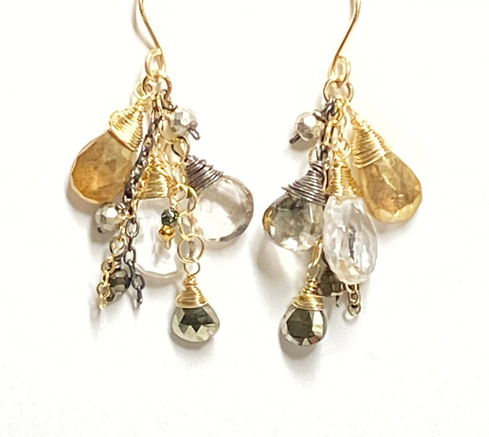 Crystal Quartz and Gold Mixed Metal Dangle Earrings