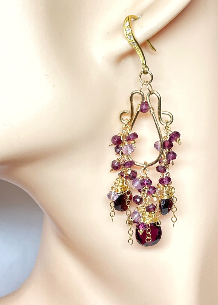 Rhodolite Garnet Boho Chandelier Earrings Gold Fill