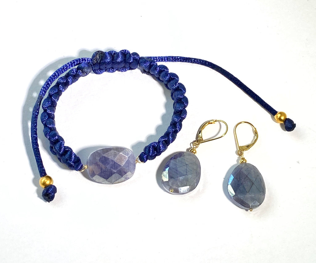 Mystic Blue Sapphire Bracelet Adjustable Navy Blue Macramé