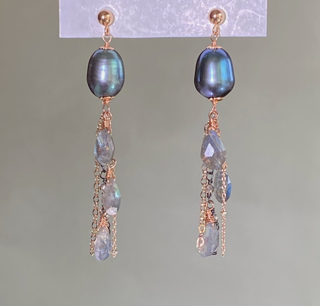 Rose Gold Labradorite and Pearl Dangle Earrings