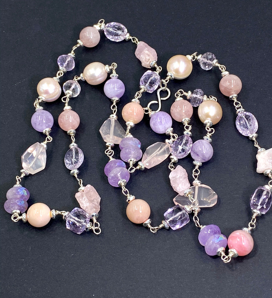Long Sterling Silver Gemstone Pearl Necklace Lavender Amethyst Rose Quartz - doolittlejewelry
