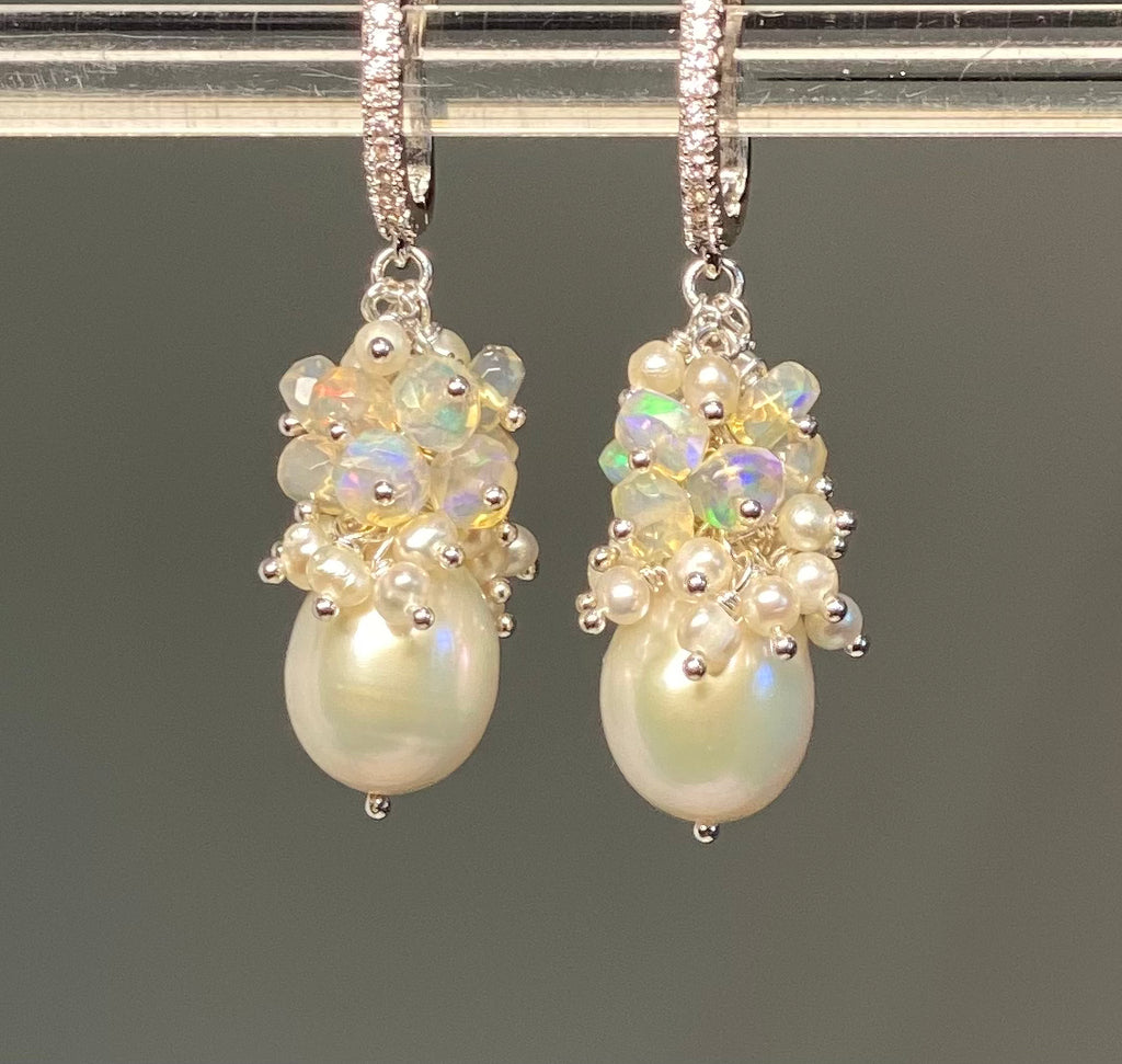 Pearl and Opal Cluster Earrings Sterling Silver
