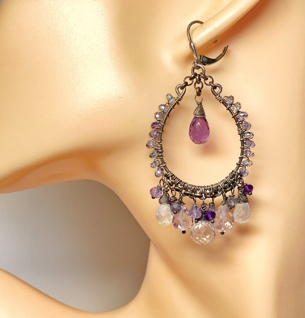 Amethyst Moonstone Oxidized Sterling Silver Hoop Earrings - Doolittle