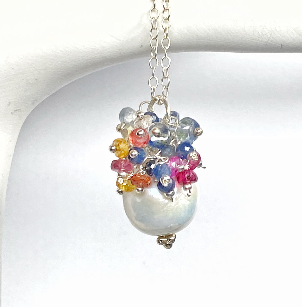 Sapphire and Opal Cascade Cluster Pearl Pendant, Sterling Silver