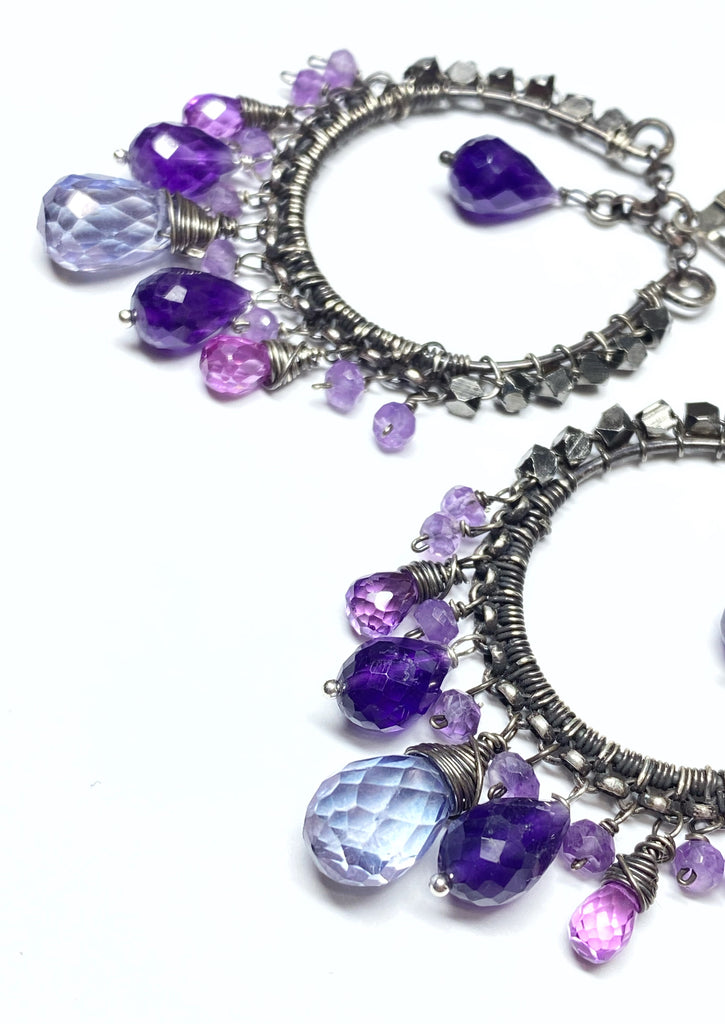 Boho Hoop Earrings Oxidized Sterling Silver Blue Violet Gemstones