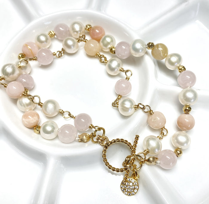 Pearl, Pink Opal, Rose Quartz Double Strand Bracelet Gold Fill