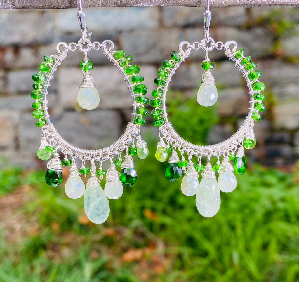 green gemstone sterling silver statement hoop earrings handmade