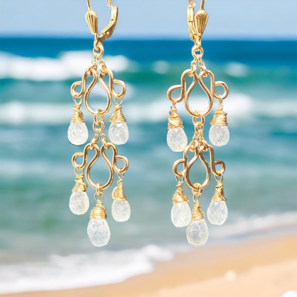 Rainbow Moonstone Gemstone Chandelier Earrings Gold Fill