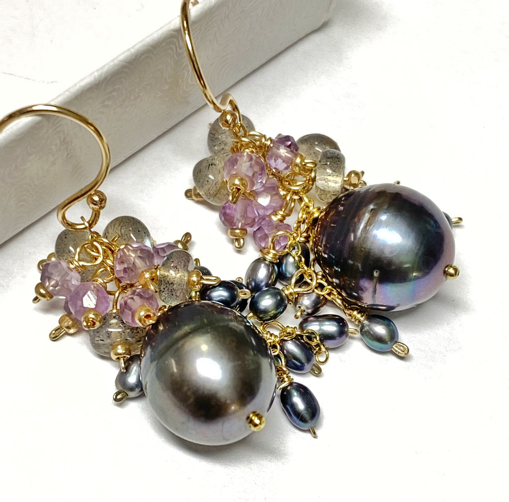 Peacock Pearl, Amethyst, Labradorite, Cluster Waterfall Earrings