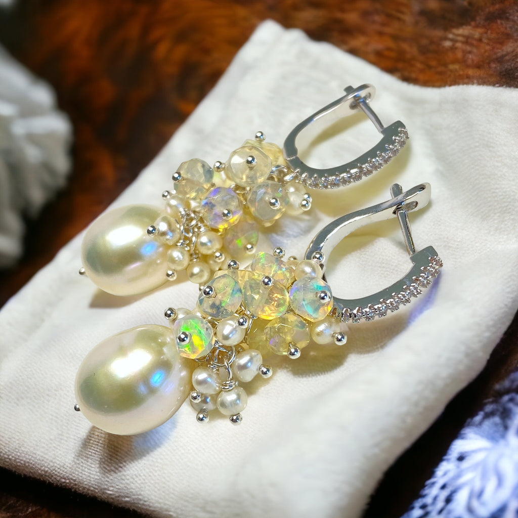 Pearl and Opal Cluster Earrings Sterling Silver