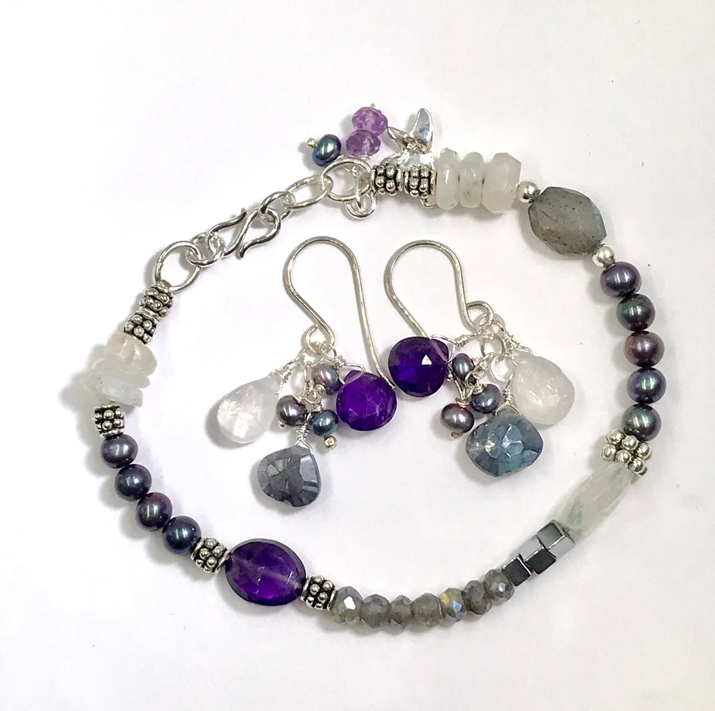 Labradorite Amethyst Moonstone Sterling Silver Bracelet - doolittlejewelry