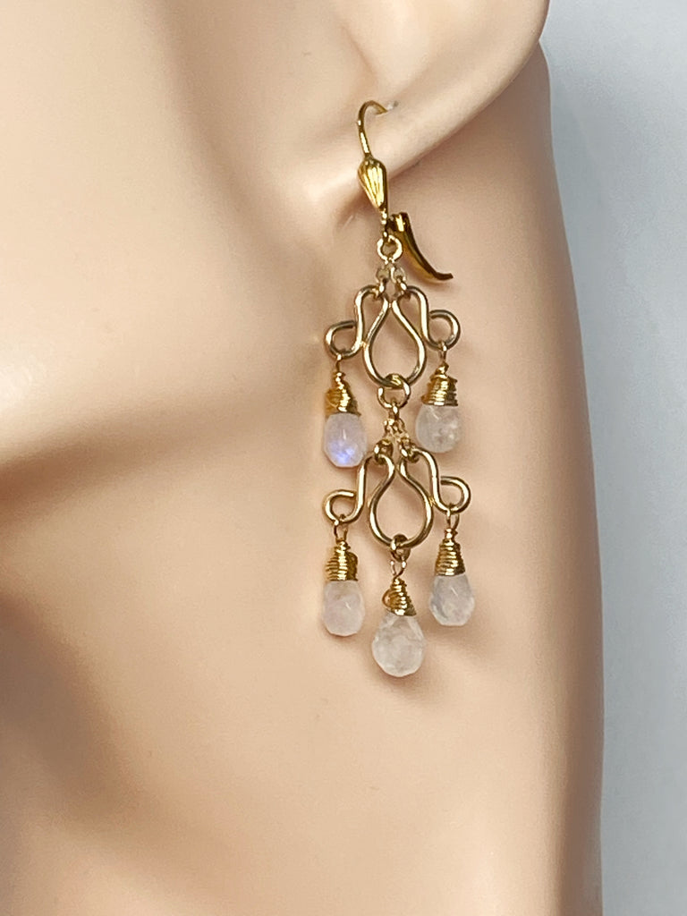 rainbow moonstone chandelier earrings in 14 kt gold fill handmade earrings by Doolittle Jewelry