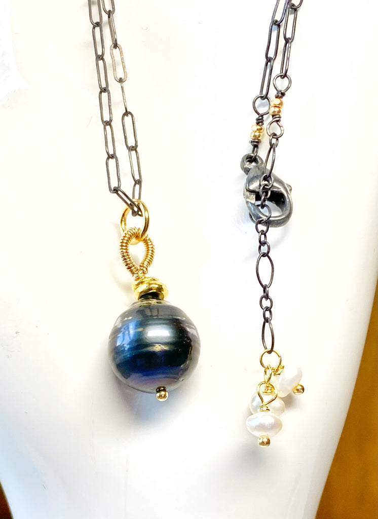 Tahitian Pearl Pendant, Paper Clip Chain, Mixed Metals, Pearl Dangles