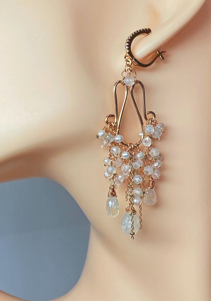 Rainbow Moonstone Statement Rose Gold Chandelier Earrings Boho Bridal Wedding
