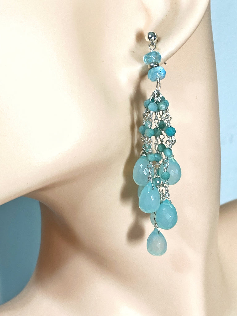 Aqua Chalcedony Amazonite Tassel Earrings