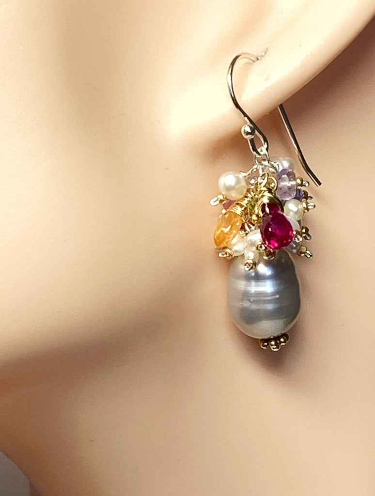 Silver Gray Platinum Baroque Pearl Gemstone Cluster Earrings Mixed Metal