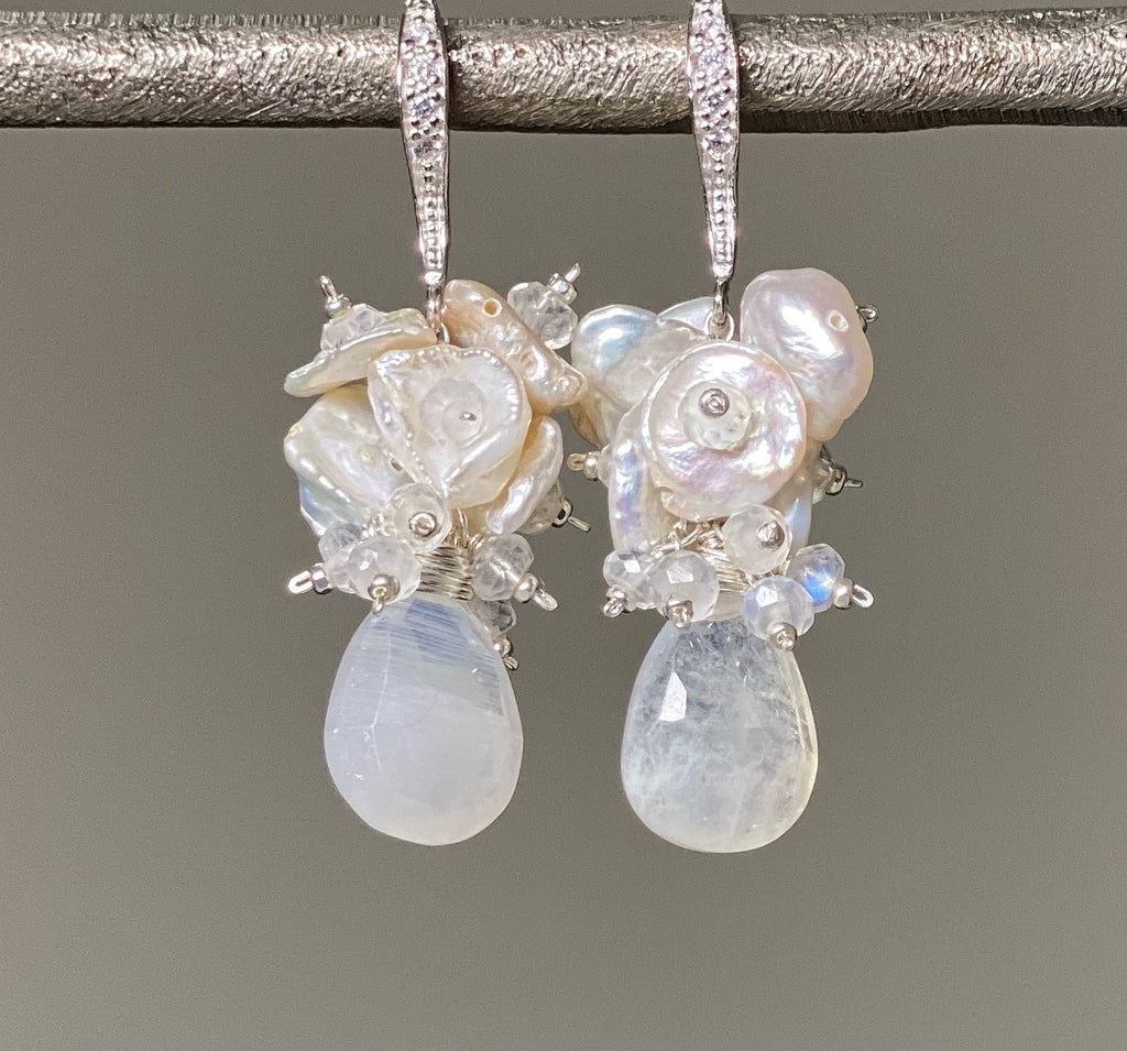 Rainbow Moonstone Keishi Cluster Bridal Earrings Sterling Silver
