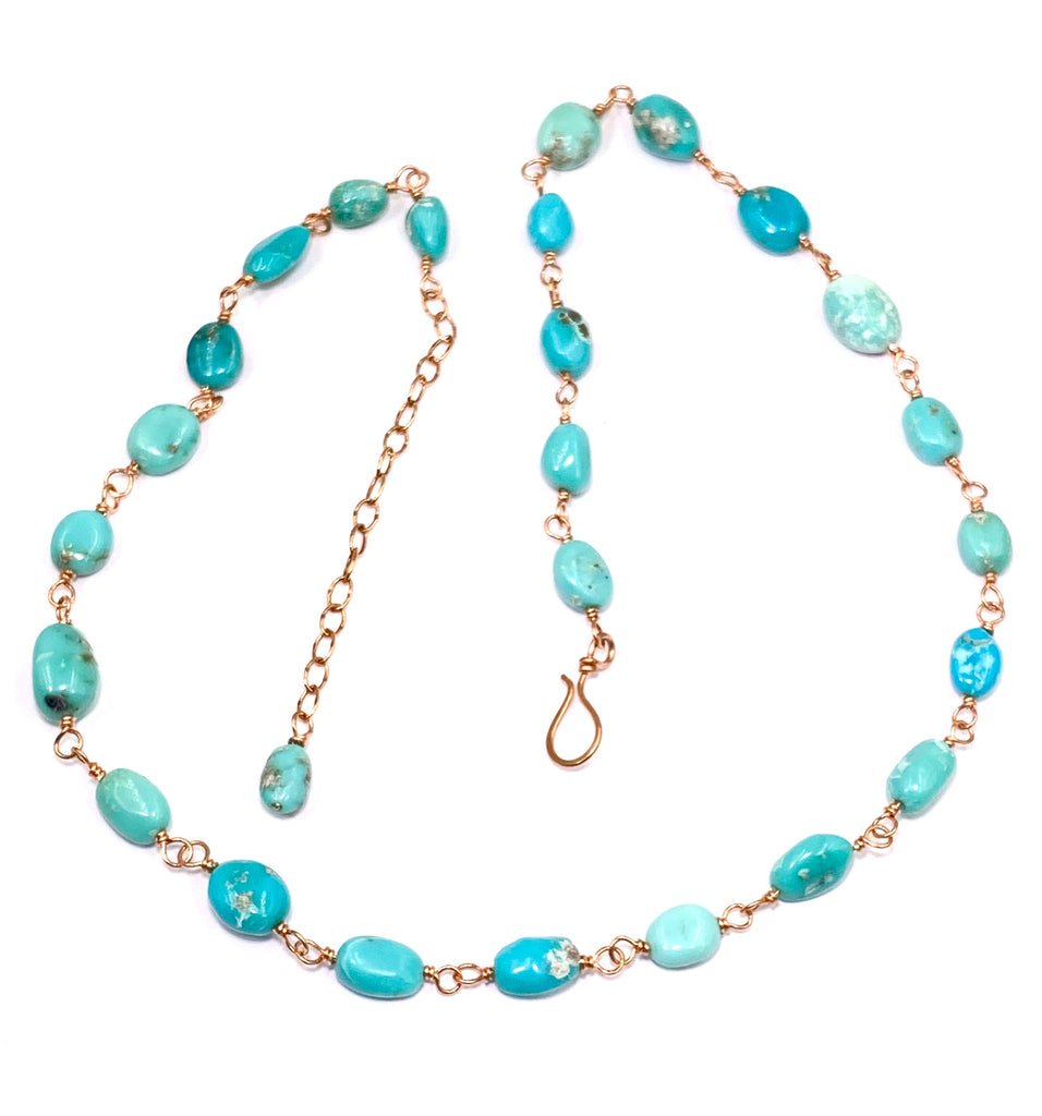 Sleeping Beauty Turquoise Necklace Rose Gold Rosary Style Wire Wrapped - doolittlejewelry