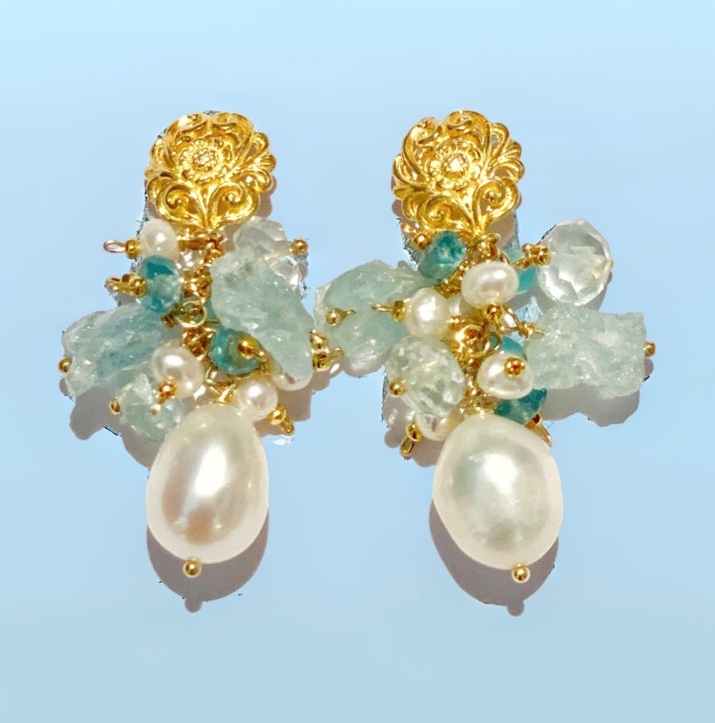 Aquamarine Gemstone Pearl Cluster Earrings Gold Post
