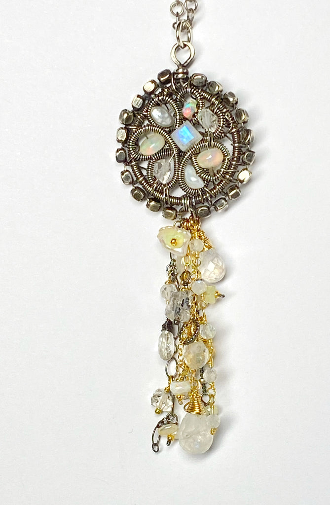 Opal, Moonstone, Crystal Oxidized Silver Coiled Pendant Necklace