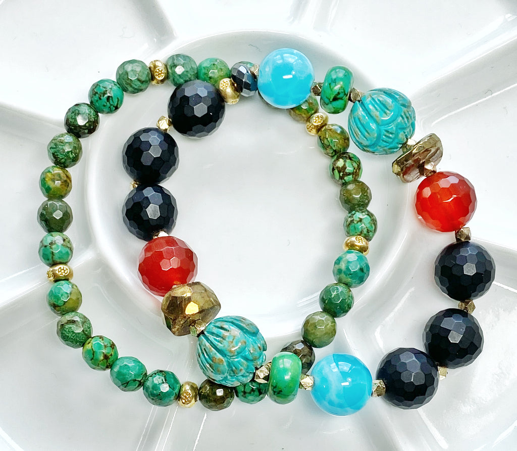 Gemstone Strech Bracelets Set of 2: Carnelian, Turquoise, Onyx