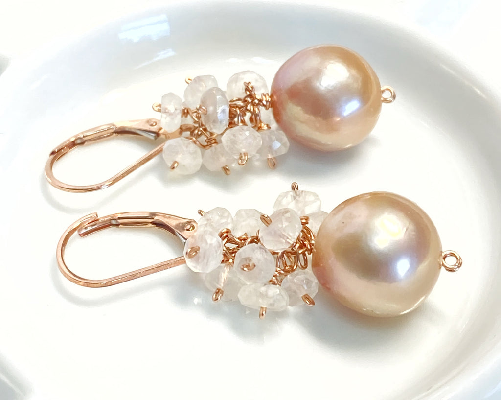 Pink Blush Pearl and Moonstone Cluster Earrings Rose Gold
