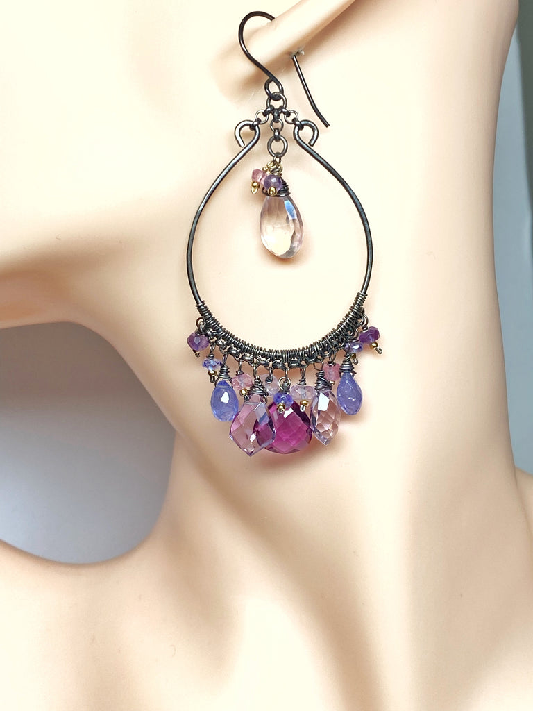 Blue Violet Statement Chandelier Hoop Earrings, Oxidized Silver