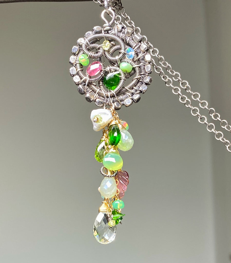 Boho Gemstone Pendant Oxidized Silver Pink Tourmaline, Opal, Green Gems