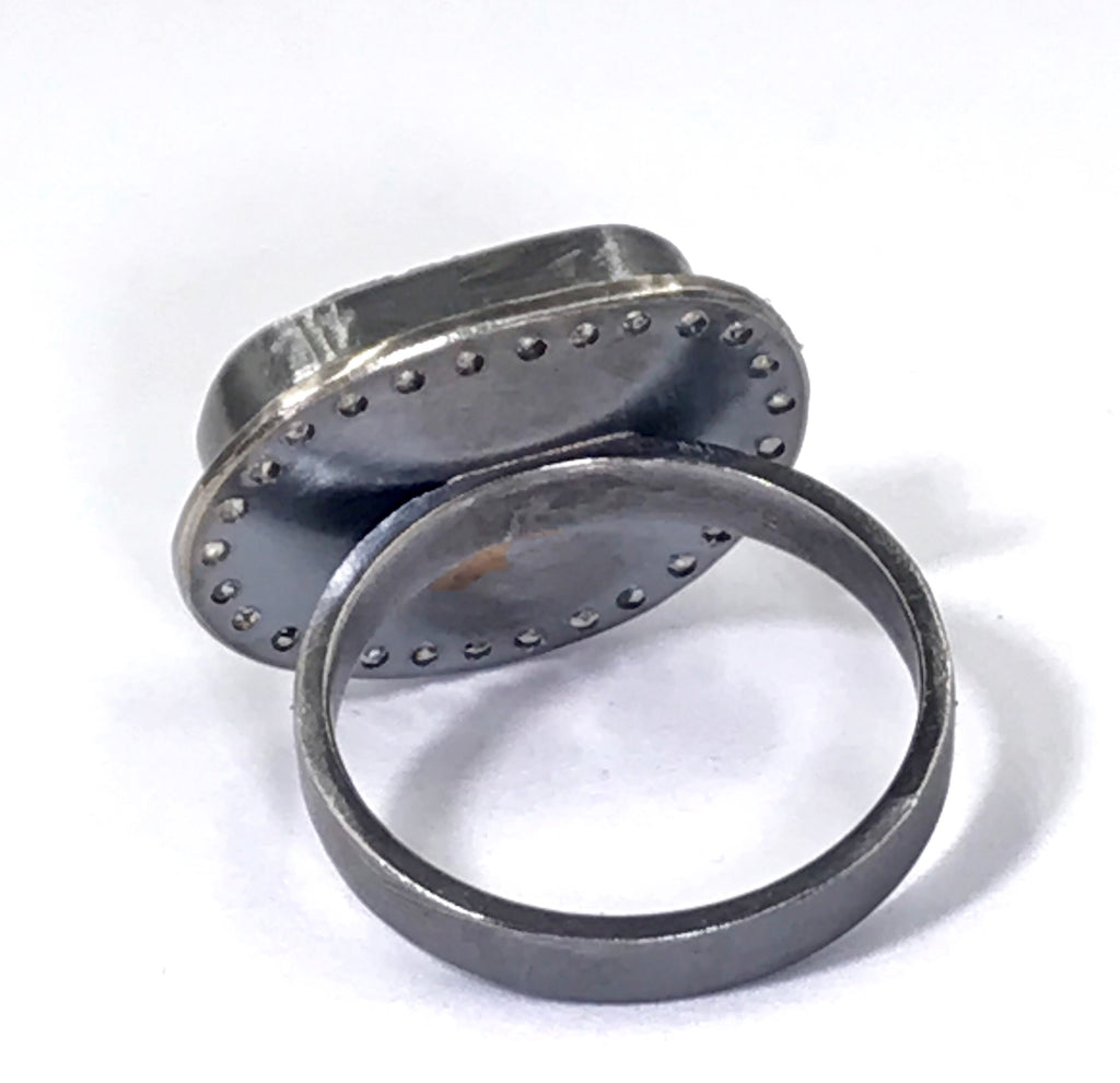 Black Geode and Pave Sapphire Ring in Oxidized Sterling Silver - doolittlejewelry