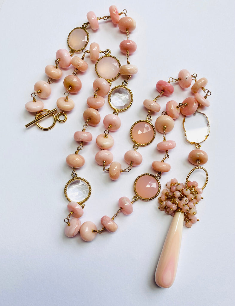 Gemstone Pink Peruvian Opal Long Wire Wrapped Necklace - Doolittle