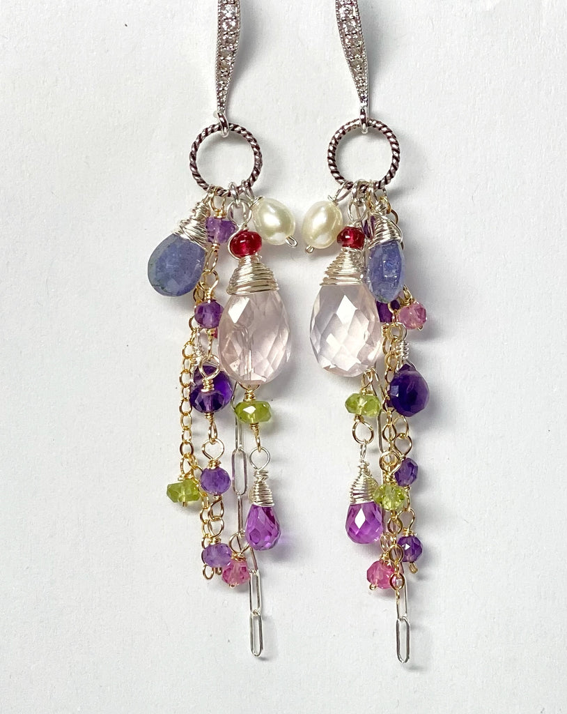 Rose Quartz Multi Gem Dangle Earrings Tanzanite, Violet, Sterling
