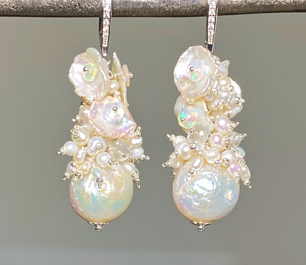 Baroque Pearl Cluster Bridal Earrings White Keishi and Opal Cascade