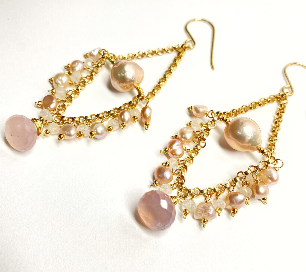 Pink Pearl Chandelier Earrings with Moonstone