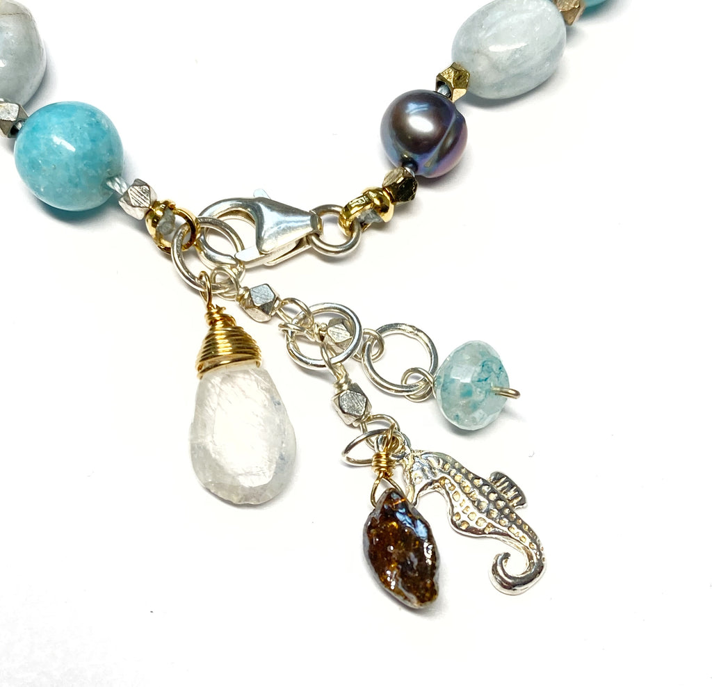 Abalone Silk Knotted Bracelet, Moonstone, Aquamarine, Pearl