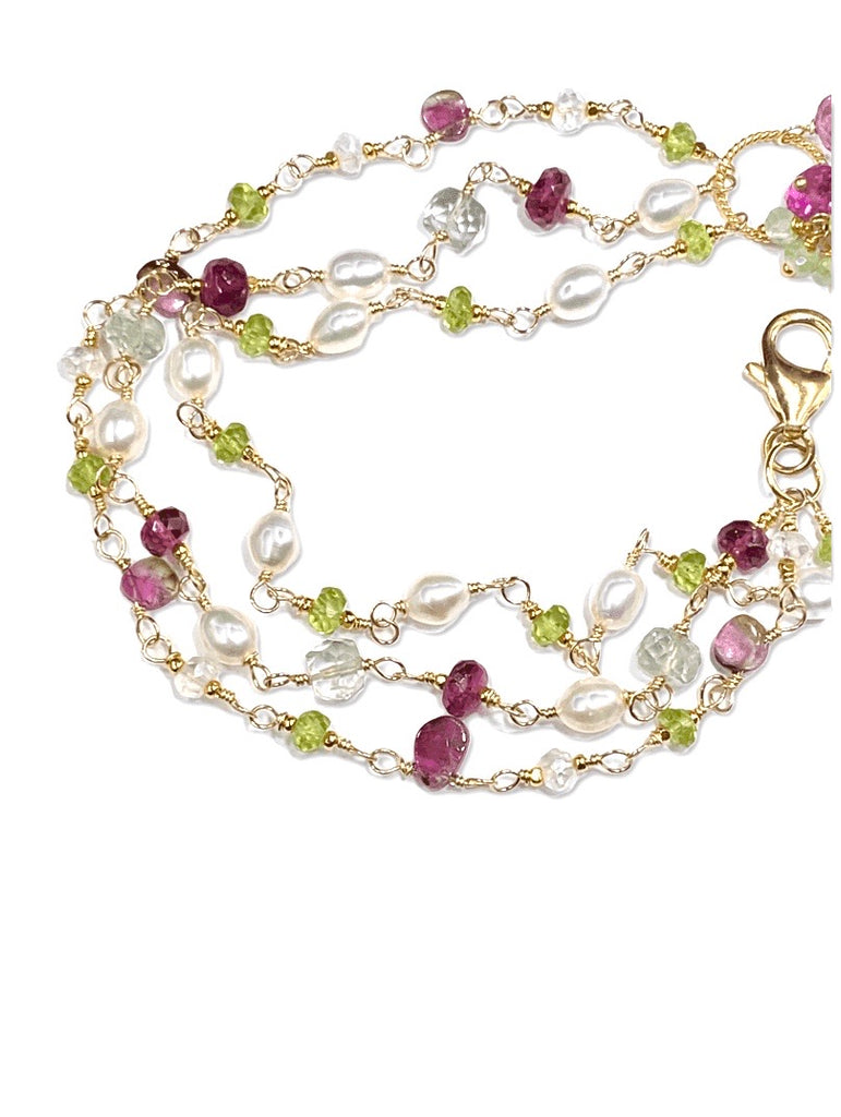 Peridot, Watermelon Tourmaline Slice and Pearl Dainty Triple Strand Bracelet - doolittlejewelry