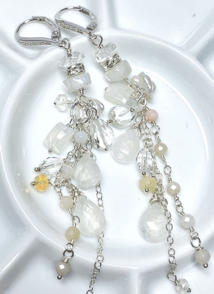 Rainbow Moonstone Long Boho Earrings Crystal Quartz Sterling Silver