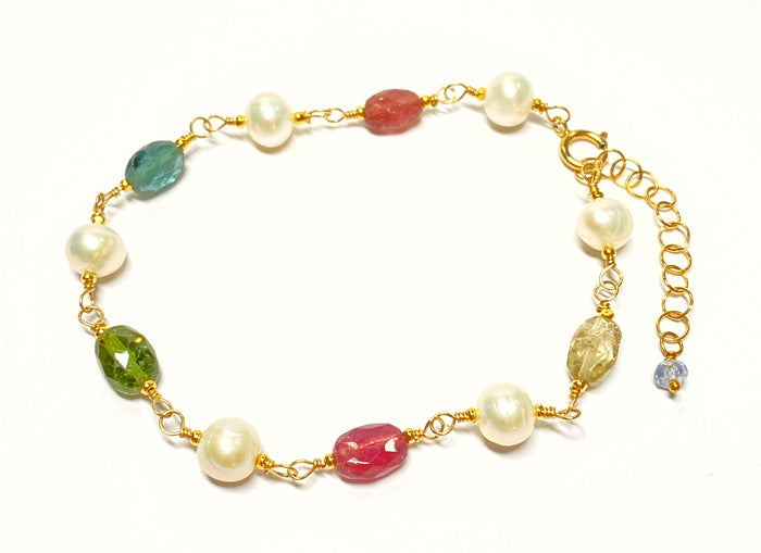 Tourmaline and Pearl Wire Wrapped Bracelet in Gold Fill Adjustable