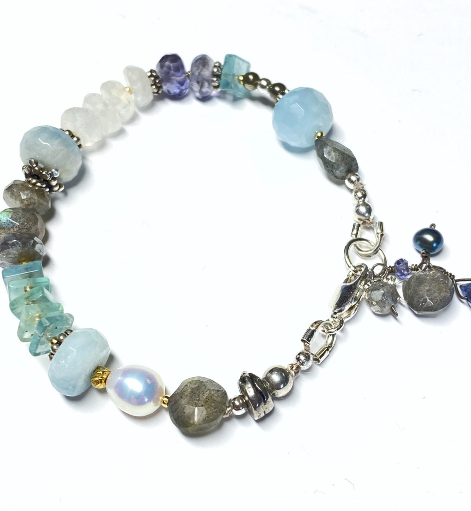 Blue Gray Gemstone Silk Knotted Bracelet Sterling Silver 2