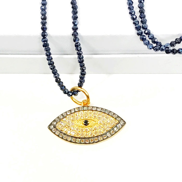 Evil Eye and Pave Diamond Look Long Black Spinel Necklace - doolittlejewelry